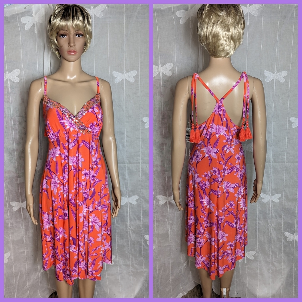 INC tropic heat Criss Cross V neck dress sequins orange purple sz XL NEW